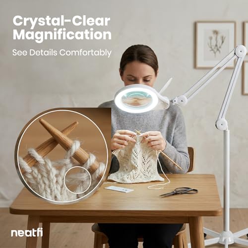 Neatfi LED Magnifying Floor Lamp 1,200 Lumens – 5” Bifocal Glass Lens, Dual Magnification 2.25X + 6X, Dimmable Task Light | Adjustable Arm, Rolling Base | Reading, Crafting & Sewing (White, 5 Inches) - color: White, size: 5 Inches