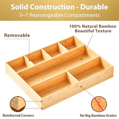 Umilife Large Bamboo Desk Drawer Organizer, Wood Office Junk Tray, 15"x12" | 2.4" Tall for Deep Drawer - Adjustable slots - Anti Slip Silicone Pads - Versatile Storage Box in Kitchen, Pantry - size: 15"x12"