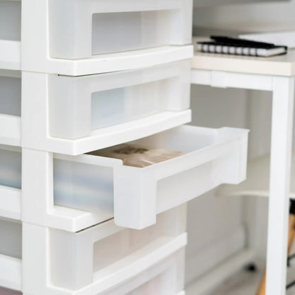 Nine-drawer narrow plastic storage cabinet with top organizer shelf, white.