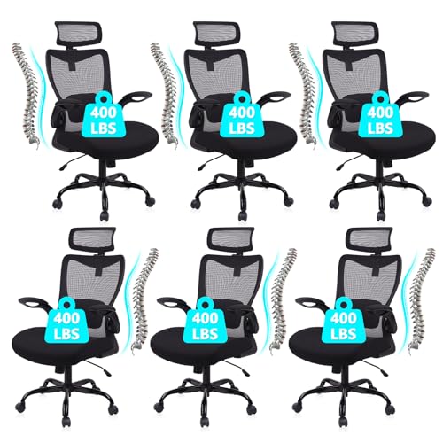 CLATINA Heavy Duty Ergonomic Mesh Office Chair 400LBS, Big and Tall Desk Chair with Adjustable Lumbar Support & Headrest, Flip Up Padded Arms, Swivel Computer Chair for Home, Conference, Black, 6 PACK - size: 6 PK