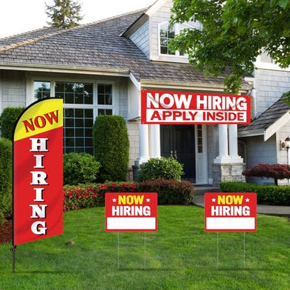 4 Pcs Feather Flag Set Include 2 Now Hiring Sign with Stake 7 ft