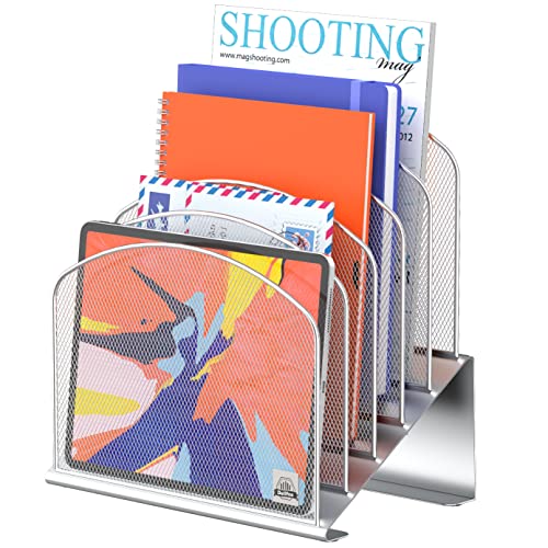 Delifox Inclined Desk File Organizer,Vertical File Folder Holder Stand Metal Rack File Sorter for Office Classroom Desktop Organization (1, Silver, 5) - color: Silver, size: 1Pack