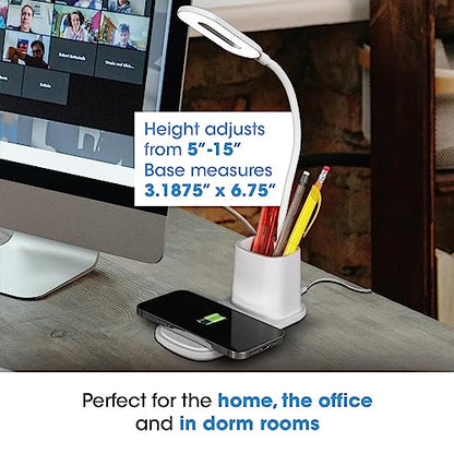 OttLite Organizer LED Desk Lamp with Wireless Charging, White | Natural Daylight LEDs | 3 Color Temperature Modes | Built-In Storage Area | Adjustable Flexible Neck