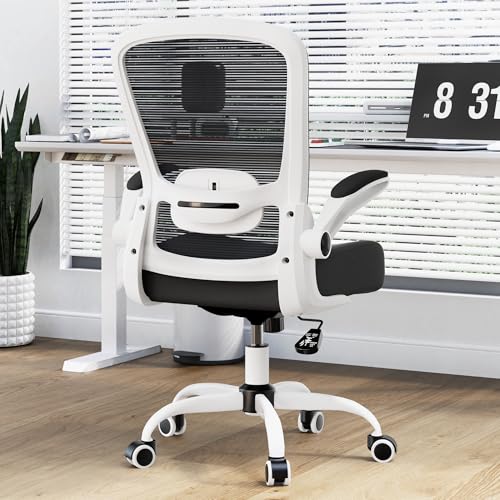 Mimoglad Ergonomic Office Chair - Desk Chair with Flip-up Armrests & 135° Recline, Adjustable Lumbar Support - Space-Saving Task Chair for Business/Team Office & Home (White Frame-Black, 300lbs) - color: White Frame-black