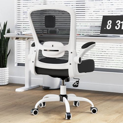 Mimoglad Ergonomic Office Chair - Desk Chair with Flip-up Armrests & 135° Recline, Adjustable Lumbar Support - Space-Saving Task Chair for Business/Team Office & Home (White Frame-Black, 300lbs) - color: White Frame-black