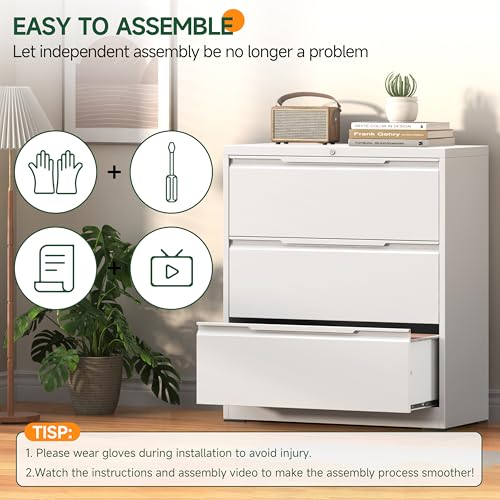 Lateral File Cabinet 3 Drawer, Metal File Cabinet with Lock - color: White, size: 3 Drawer - Lateral