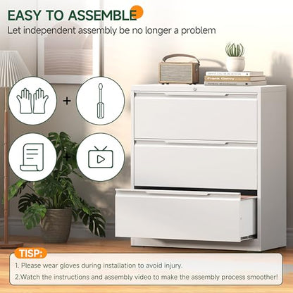 Lateral File Cabinet 3 Drawer, Metal File Cabinet with Lock - color: White, size: 3 Drawer - Lateral