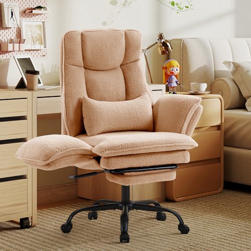 Wider Seat Office Chair with Flip Armrests for Criss Cross Legged&Cats, Big and Tall Executive Ergonomic Reclining Chair with Footrest&Lumbar Pillow, Teddy Fleece Desk Chair,Brown Vanity Chair - color: Brown