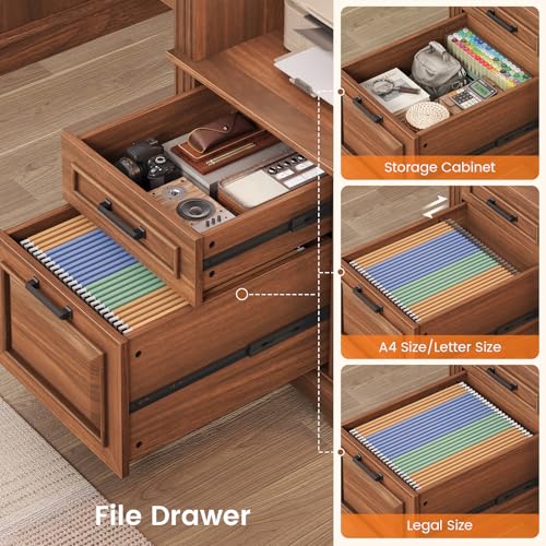 SEDETA Farmhouse Executive Desk, 62'' Home Office Desk with File Drawers, 3Drawer and Storage Cabinet, Computer Desk with Power Outlet for Home Office, Work Study Writing, Walnut - color: Walnut