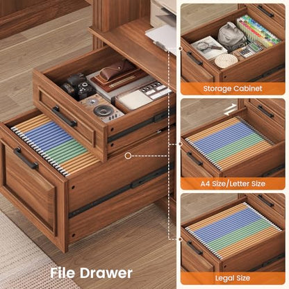 SEDETA Farmhouse Executive Desk, 62'' Home Office Desk with File Drawers, 3Drawer and Storage Cabinet, Computer Desk with Power Outlet for Home Office, Work Study Writing, Walnut - color: Walnut