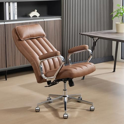 Okeysen Executive Office Chair, Modern Leather Chair with Headrest & Lumbar Support, High Back Ergonomic Chair with Padded Armrests & Seat, Height Adjustable Swivel Rolling Chair for Home Office. - color: Brown