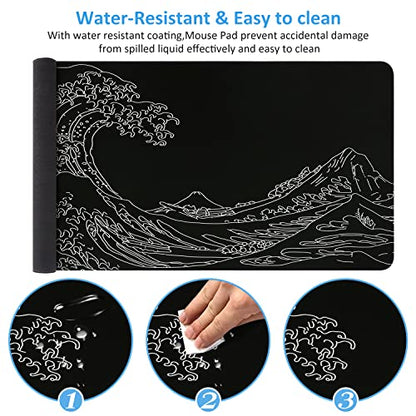 iCasso Mousepad,Gaming Mouse Pad,Black Wave of Kanagawa | Large Desk Mat,Big Rubber Base Mouse Mat with Stitched Edges,Computer Keyboard Desk Pad for Work Office Home - color: Black Wave of Kanagawa
