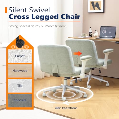 VINGLI Criss Cross Chair with Adjustable Flip-Up Arms,Cross Legged Chair with Wheels, Extra Wide Office Chair,Cozy Desk Chair for Home Office, Vanity, Apartment,Chenille Velvet,Light Blue-Green - color: Light Blue-green