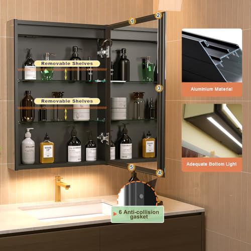 20 * 28 Right Hinge LED Bathroom Mirror Cabinet, Aluminum Medicine Cabinet | Light Adjustable, Sockets & USBs inside, Anti-Fog, Easy to Install - color: 20*28 Right Hinge