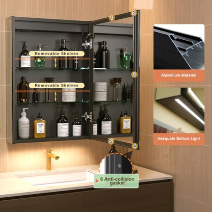 20 * 28 Right Hinge LED Bathroom Mirror Cabinet, Aluminum Medicine Cabinet | Light Adjustable, Sockets & USBs inside, Anti-Fog, Easy to Install - color: 20*28 Right Hinge