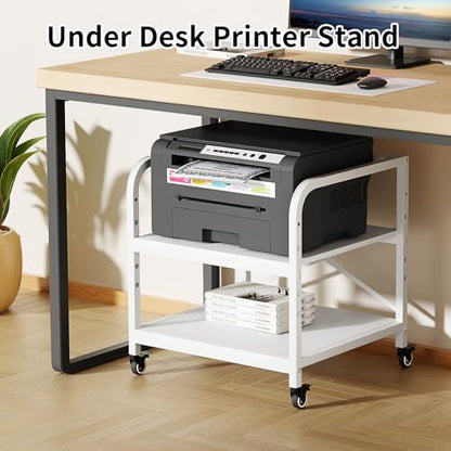 20 Inches Large White Printer Stand, 2-Tier Under Desk Printer Table with Height Adjustable Shelf, Rolling Printer Cart with Industrial Wheels for Home Office (White) - color: White