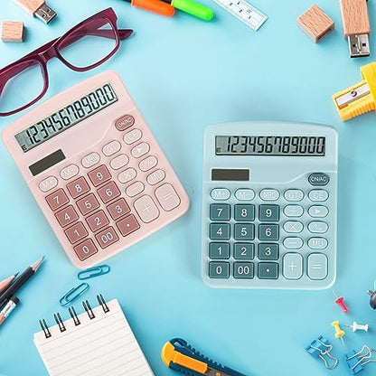 Noamus 4 Pack Handheld Desktop Calculators, Solar Battery Dual Power Basic Calculator 12 Digit Large Display, Standard Functional Desk Calculator Big Sensitive Button for Office Home School Pink Blue