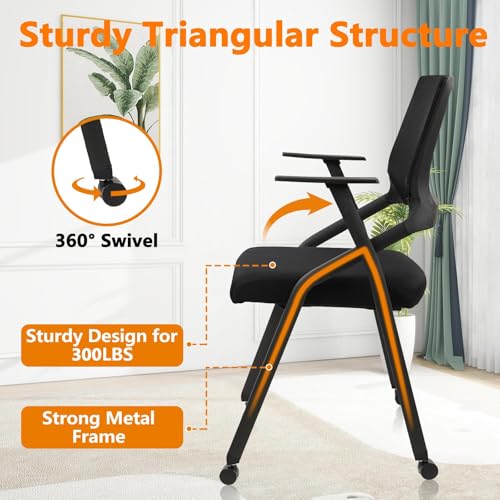 CLATINA Ergonomic Stackable & Foldable Conference Room Chairs, Mesh Office Chair with Arms and Wheels for Office Waiting Room Meeting Lobby Church School Receptions and Training Black - color: Black With Wheel, size: 1 pack