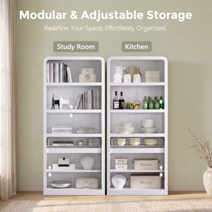 72" Tall Modern Bookshelf with Doors, 5-Tier Large Bookcase w/Drawer, Wooden Storage Cabinet w/Adjustable Shelves, Versatile Book Shelf w/Curved Profile Design for Living Room, Office, White - color: White
