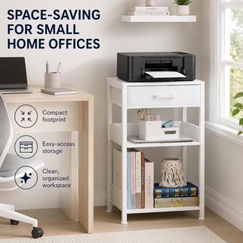 Lerliuo Printer Stand with Storage,3 Tier Home Office Organizer with Fabric Drawer,Industrial Style Printer Table for Printer, Scanner, Paper and Office Supplies - color: White