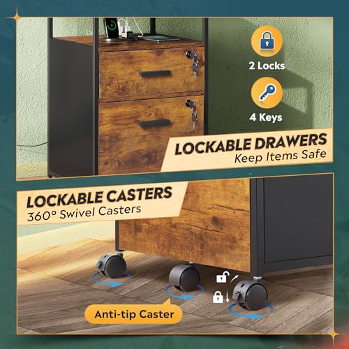 DEVAISE 2 Drawer File Cabinet with Lock, Charging Station, Brown | Adjustable Shelf, Rustic Wood Filing Cabinet, Mobile Printer Stand for A4/Letter Size Home Office - color: Rustic Brown, size: 2 Drawer