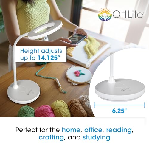 OttLite Vibe LED Ring Light, Rechargeable, 3 Color Temperatures, White | ClearSun LEDs Reduce Eyestrain | 360-Degree Illumination | Flexible Neck | 5.5" Ring Light | USB-Powered or Rechargeable - color: White Desk Light