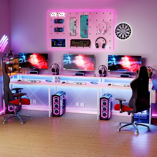 IDEALHOUSE U Shaped Home Office Desk, Reversible L Shaped Gaming Computer Desk with Power Outlets,126 Inch Computer Desk with Monitor Stand and LED Lights,Storage Shelves,Storage Bag and Hooks（Pink） - color: Pink