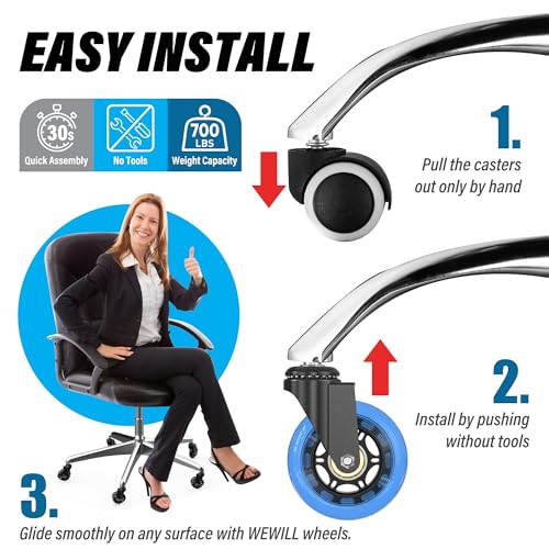 WEWILL Office Chair Wheels - Rubber Casters Replacement Universal Fit 98% Chair(Set of 5) Heavy Duty 3 Inch Smoothly & Quietly Safe for All Floor, Hardwood, Tile, Carpet, Noise Free - Blue - color: Blue
