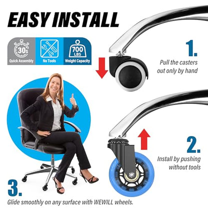 WEWILL Office Chair Wheels - Rubber Casters Replacement Universal Fit 98% Chair(Set of 5) Heavy Duty 3 Inch Smoothly & Quietly Safe for All Floor, Hardwood, Tile, Carpet, Noise Free - Blue - color: Blue