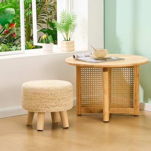 Wimarsbon Round Foot Stool Natural Seagrass Poufs Ottoman Hand Weave Footrest Stool for Couch Desk Extra Seat Step Stool with Solid Wood Legs for Hallway Patio Lounge Natural - color: Natural White, size: 13"D x 13"W x 10.6"H