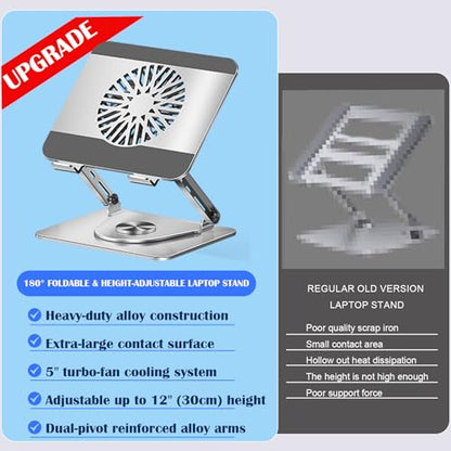360° Rotating Adjustable Laptop Stand with Cooling Fan, Foldable Dual-Bar Support Height Tilt Angle Cooling Laptop Stand for Desk Pad Laptop Riser Heat Dissipation Stand Fit 10-17.3" Device - color: Dual-Bar Support Version