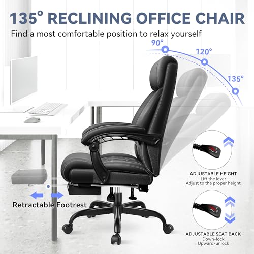 Office Chair, Big and Tall Office Desk Chair, Reclining Office Chair with Footrest Home Office Desk Chairs, High Back Ergonomic with Lumbar Support, Executive Leather - color: Black, style: With Footrest