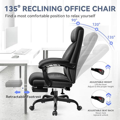 Office Chair, Big and Tall Office Desk Chair, Reclining Office Chair with Footrest Home Office Desk Chairs, High Back Ergonomic with Lumbar Support, Executive Leather - color: Black, style: With Footrest