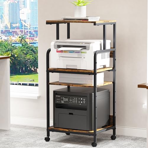 Arbuxzuy 4 Tier Printer Stand with Storage Shelf, Large Tall Printer Cart with Wheels, Mobile Printer Table for Home Office, Adjustable Stands for Heat Press Scanner Fax (Brown) - color: Brown, size: High(20.9x15.7x44.1in)