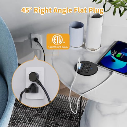 3-1/8" Desktop Power Grommet, Overload Switch, USB C PD 20W, 2 AC Outlets | Recessed Flush Mount Desk Power Grommet for Home Office Furniture, Black - size: 3-1/8" Hole