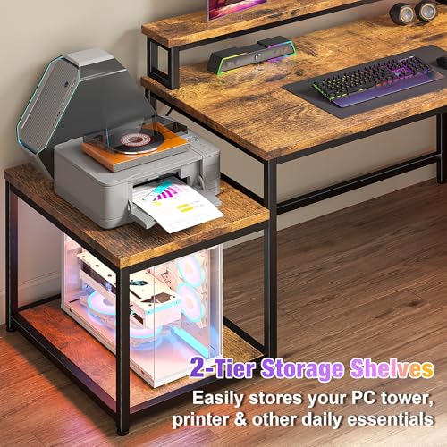 EnHomee 63" L Shaped Gaming Desk with LED Lights & Power Outlets,Brown - color: Rustic Brown, size: 63"W