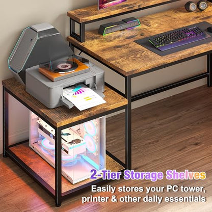 EnHomee 63" L Shaped Gaming Desk with LED Lights & Power Outlets,Brown - color: Rustic Brown, size: 63"W