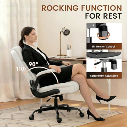 GTPLAYER PU Leather Office Chair, Home Desk Chair with Flip-up Arms, White | Ergonomic Back, Memory Foam Cushion, Comfy Executive Chair for Home Office Gaming, Flexible Rocking, Heavy Duty Chairs - color: White