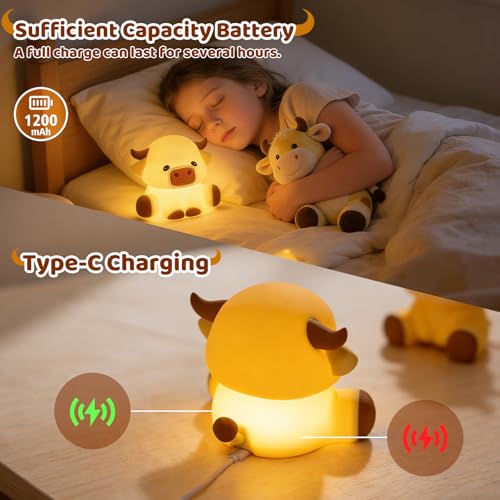 Cute Highland Cow Rechargeable Night Light, LED Touch Silicone Lamp for Bedroom with 7 Colors Timer and Dimmable Squishy Warm Night Lights, Novelty Animal Lamp for Nursery Birthday Gift - color: Cattle