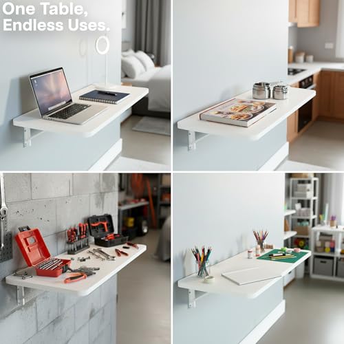VIVO Wall Mounted Folding 43 inch Workbench, Fold Away Table Workstation Shelf with Adjustable Steel Brackets, White, MOUNT-SF1FW - color: White