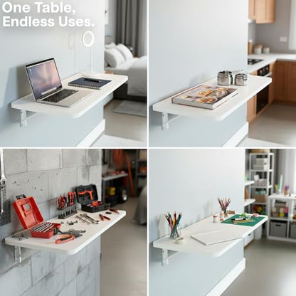 VIVO Wall Mounted Folding 43 inch Workbench, Fold Away Table Workstation Shelf with Adjustable Steel Brackets, White, MOUNT-SF1FW - color: White
