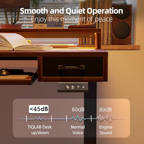 TIQLAB Standing Desk with Two Drawers, Stand Up Standing Desk Adjustable Height, Electric Sit Stand Table with Storage Shelf and Splice Board, with LED Light, 47 * 28 inch, Black Walnut - color: Black Walnut, size: 47*28 inch with keyboard tray