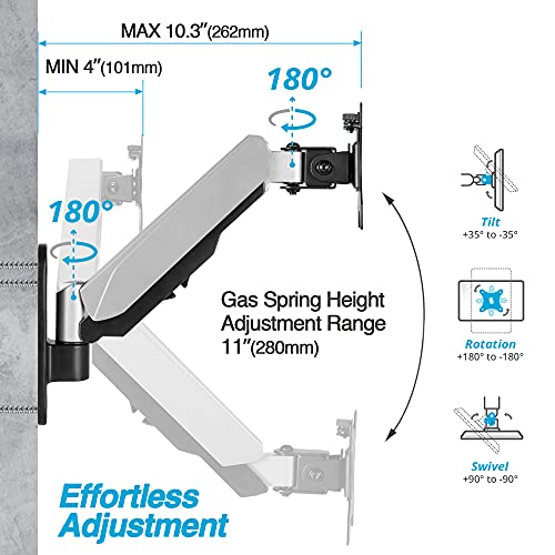 AVLT Single Monitor Arm Wall Mount for 13-32" Screens, Full Motion - Silver | Supports flat/curved/ultrawide screens up to 19.8 lbs. Smooth gas spring control, 3-bolt wall plate and cable management - color: Single