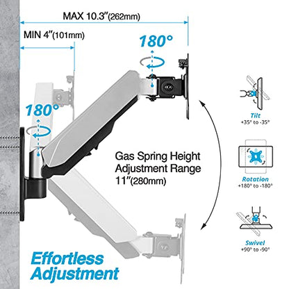 AVLT Single Monitor Arm Wall Mount for 13-32" Screens, Full Motion - Silver | Supports flat/curved/ultrawide screens up to 19.8 lbs. Smooth gas spring control, 3-bolt wall plate and cable management - color: Single
