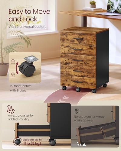 VASAGLE CUSTOS Collection - File Cabinet, Mobile Pedestal Filing Cabinet with Wheels, Printer Stand with 5 Drawers, Tool-Free Sliding Rails, for Study, Home Office, Rustic Brown UOFC081KD01S - color: Rustic Brown + Ink Black