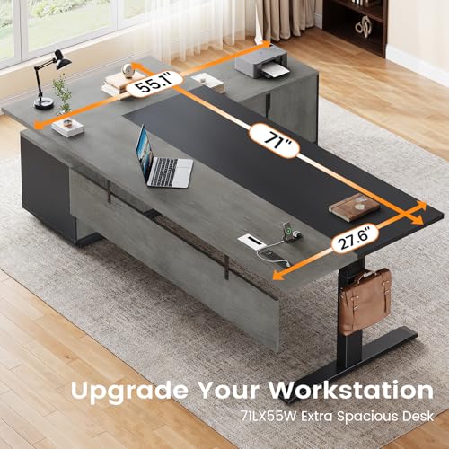 SEDETA 71" Executive Large L Shaped Electric Standing Desk, Grey | Height Adjustable Executive Desk with 3 Drawers and Cabinet,Sit Stand Up Home Office Desk with Power Outlets & Side Hook - color: Grey