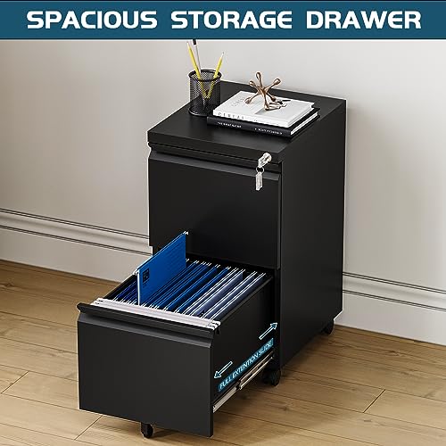 MIIIKO 2 Drawer File Cabinet on Wheels, Home Office Mobile Under Desk with Lock, Vertical Files Drawers for Legal/Letter/A4,Fully Assembled - color: Black, size: 2 Drawer-14.57"W -Mobile-b