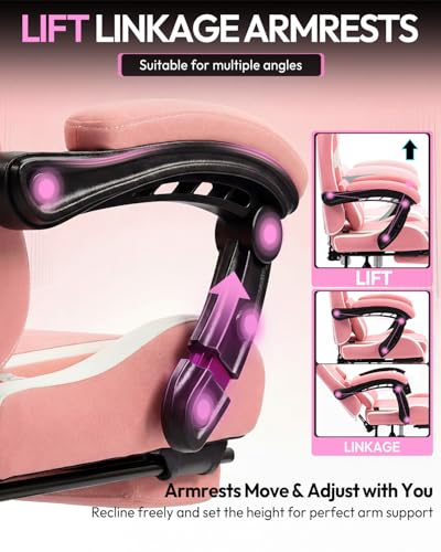 Dowinx Ergonomic Gaming Chair with Footrest & Massage Lumbar, 2D-Linkage Armrests for Computer Chair 330lbs with Headrest Pillow for Office, Home, Streaming and Long Gaming Sessions, Fabric Pink White - color: Pink White