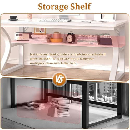 47'' Computer Desk Home Office Desk, Modern Computer Desk w/U Shaped Metal Frame, Storage Shelves, PC Table Study Writing Desk Workstation for Home Office (47inch/White) - size: 47inch/white