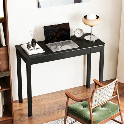 Solid Wooden Desk with Drawers - 39 x 16 Inch Modern Narrow Desks, Rubberwood Simple Study Table, Small Writing Desk for Bedroom|Small Spaces - Black Desks - color: Black, size: 39.4 in W x 15.7 in D